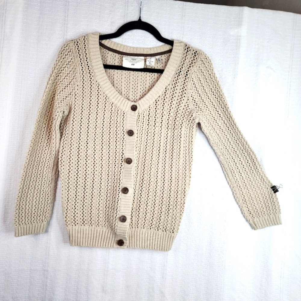 NWOT  LOGG H&M LIGHTWEIGHT OPEN KNIT BEIGE CARDIGAN - SIZE LARGE